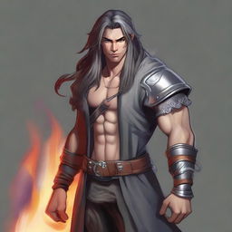 A young, fashionable, and friendly guy with the features of a fire genasi, sporting long hair that flows with subtle flames and gray skin