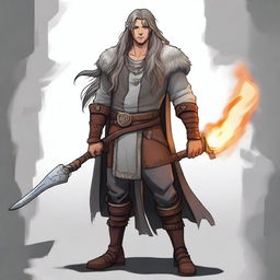 A young, fashionable, and friendly guy with the features of a fire genasi, sporting long hair that flows with subtle flames and gray skin