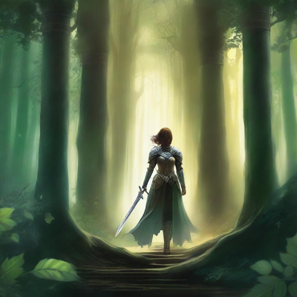 A book cover featuring a female knight walking towards three columns in a mystical forest