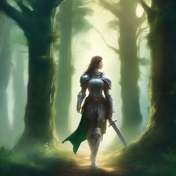 A book cover featuring a female knight walking towards three columns in a mystical forest