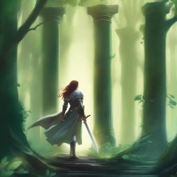 A book cover featuring a female knight walking towards three columns in a mystical forest