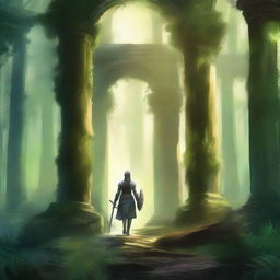 A book cover featuring a female knight walking towards three columns in a mystical forest