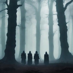 A book cover featuring three female knights walking towards three ancient columns in a dark, eerie forest