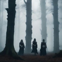 A book cover featuring three female knights walking towards three ancient columns in a dark, eerie forest