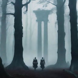 A book cover featuring three female knights walking towards three ancient columns in a dark, eerie forest