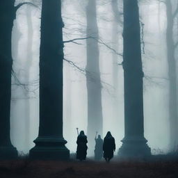 A book cover featuring three female knights walking towards three ancient columns in a dark, eerie forest