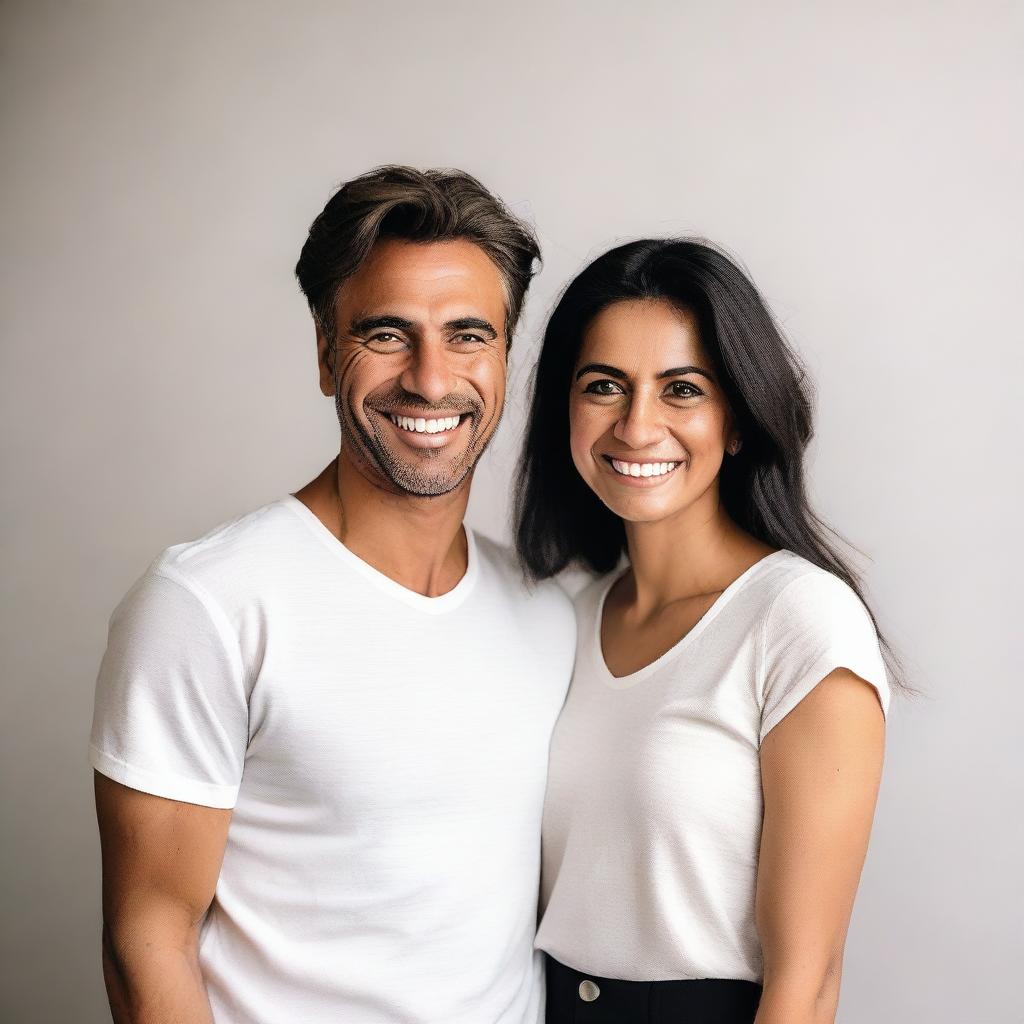 A photograph of a couple standing together, both wearing white shirts and black pants