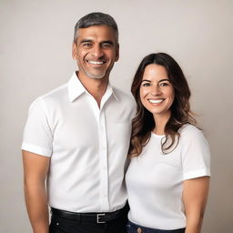 A photograph of a couple standing together, both wearing white shirts and black pants