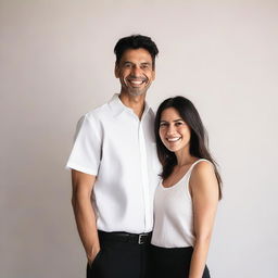 A photograph of a couple standing together, both wearing white shirts and black pants