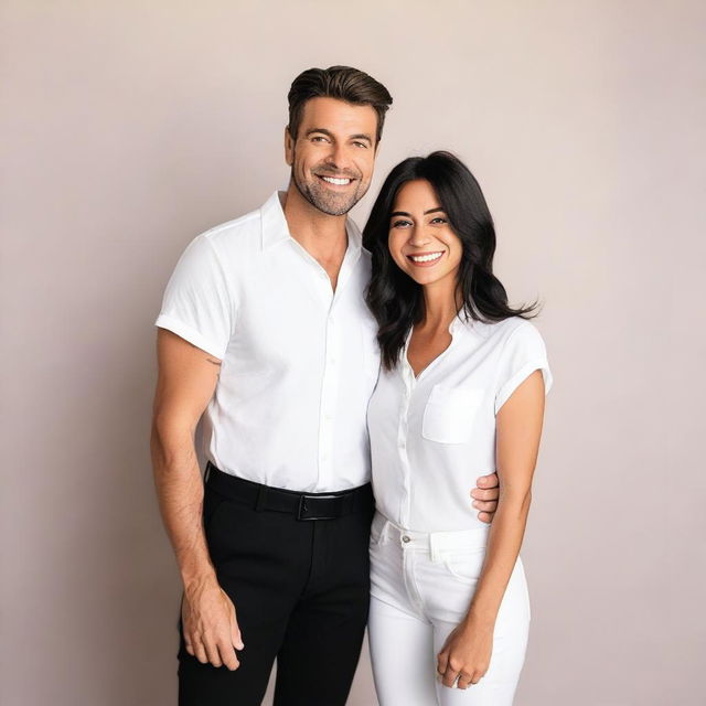 A photograph of a couple standing together, both wearing white shirts and black pants