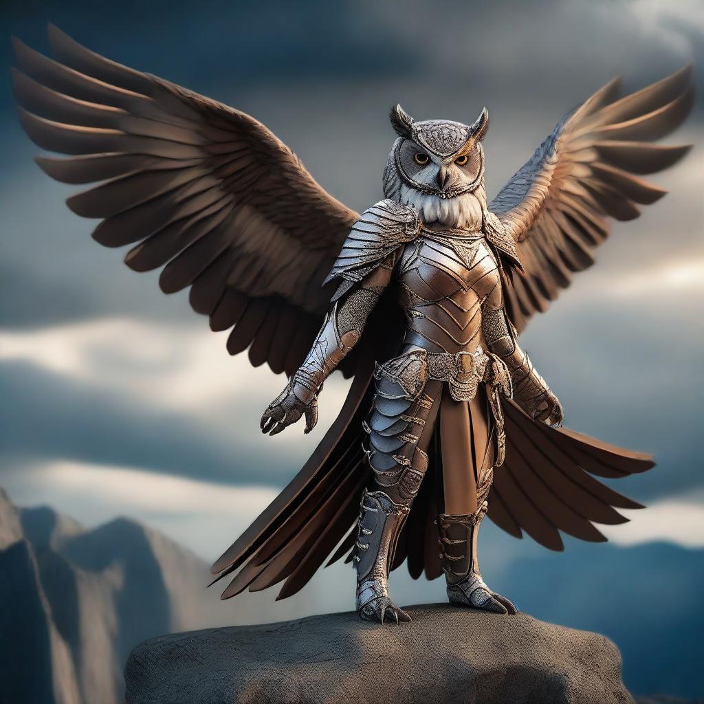 A female owl aarakocra fighter standing on a cliff's edge, ready for battle