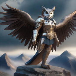 A female owl aarakocra fighter standing on a cliff's edge, ready for battle