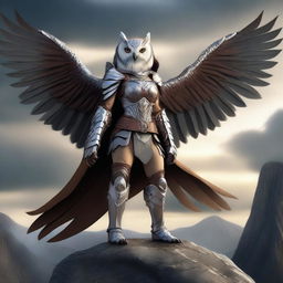 A female owl aarakocra fighter standing on a cliff's edge, ready for battle