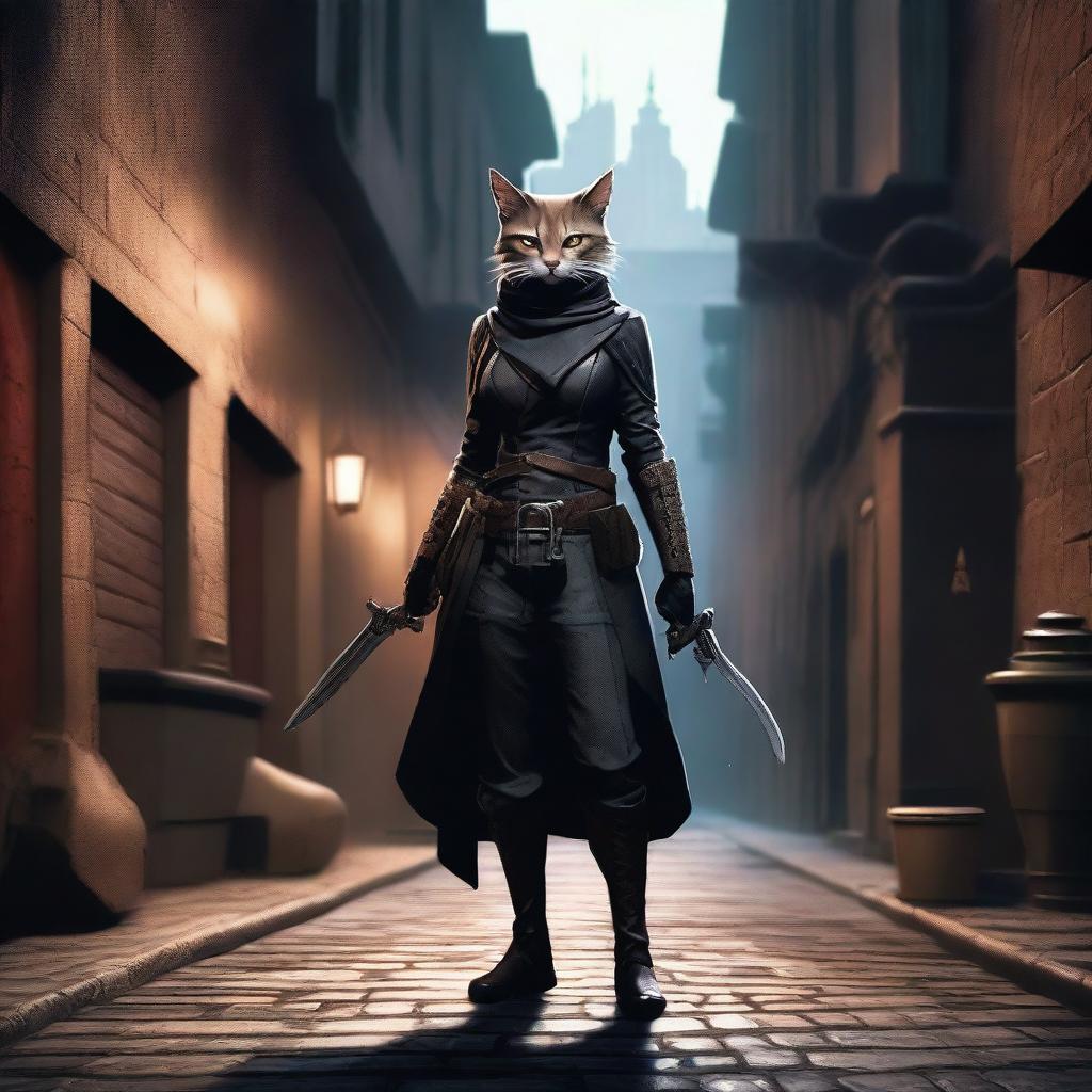 A female Tabaxi rogue standing in a shadowy alleyway