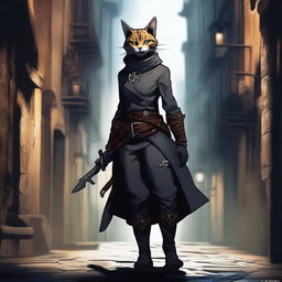 A female Tabaxi rogue standing in a shadowy alleyway