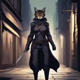 A female Tabaxi rogue standing in a shadowy alleyway