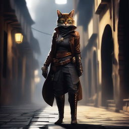 A female Tabaxi rogue standing in a shadowy alleyway