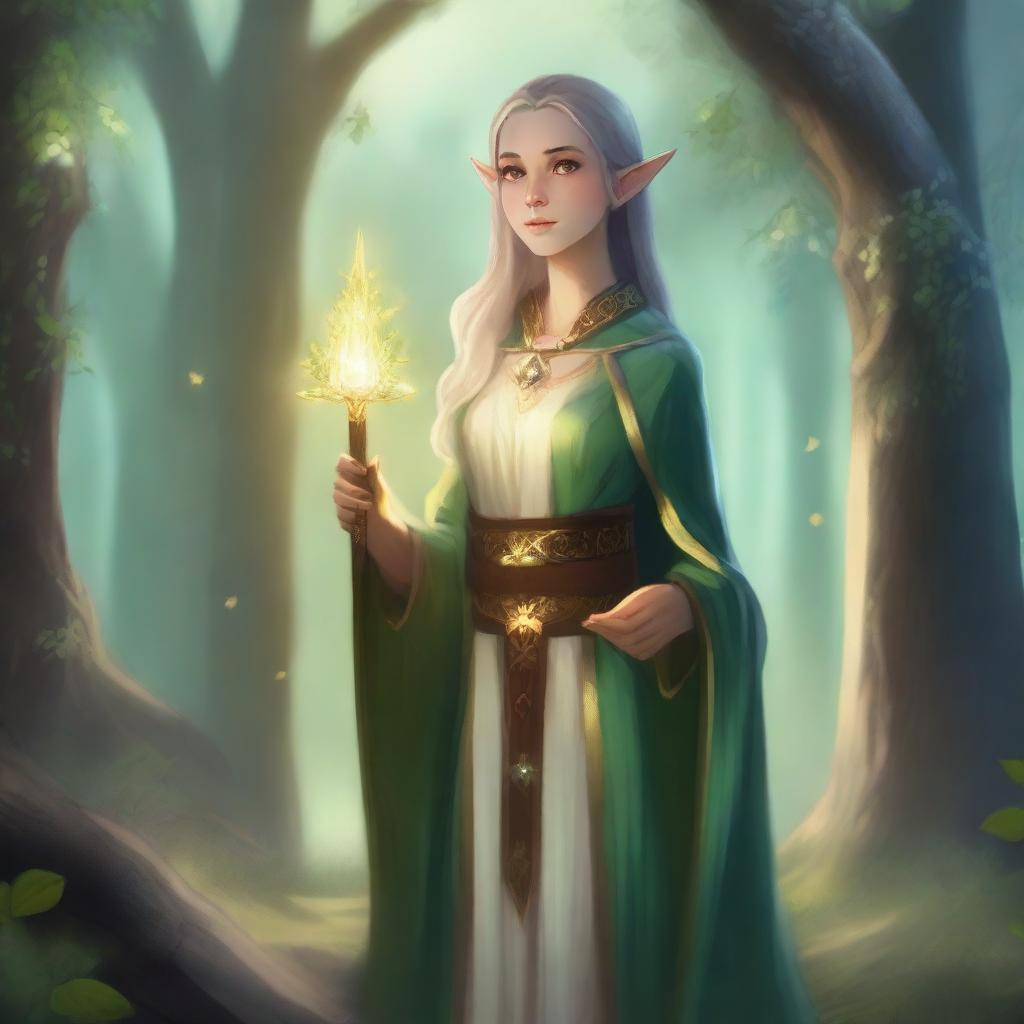 A female elf cleric standing in a serene forest clearing, surrounded by ancient trees and glowing flora