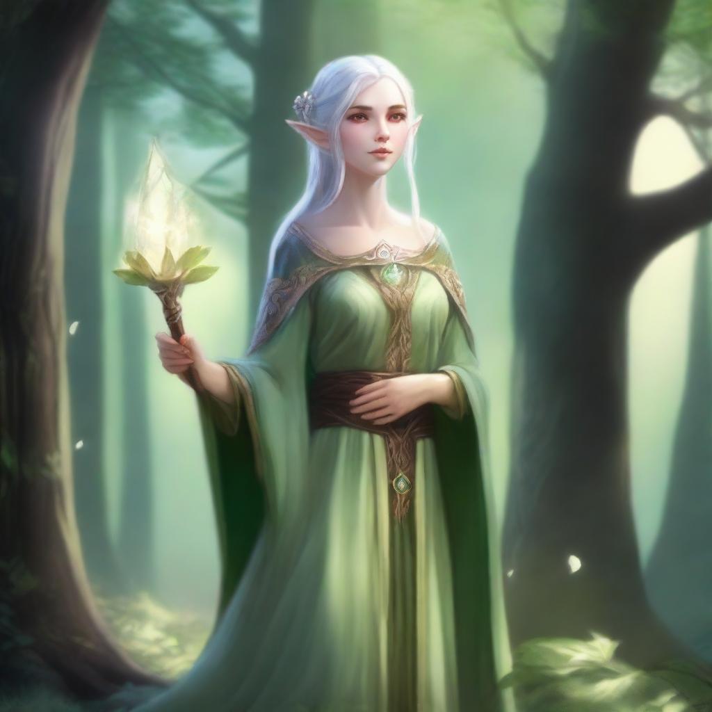 A female elf cleric standing in a serene forest clearing, surrounded by ancient trees and glowing flora