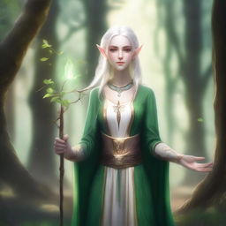 A female elf cleric standing in a serene forest clearing, surrounded by ancient trees and glowing flora