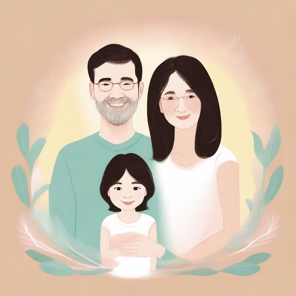 Create a serene family portrait with parents holding their children