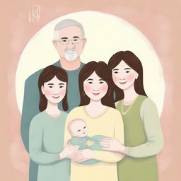 Create a serene family portrait with parents holding their children