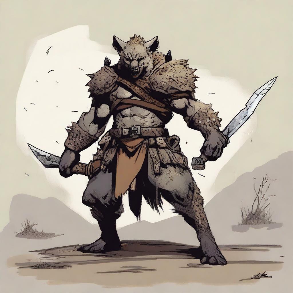 A gnoll hyena fighter standing in a rugged, desolate landscape