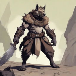 A gnoll hyena fighter standing in a rugged, desolate landscape