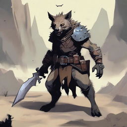 A gnoll hyena fighter standing in a rugged, desolate landscape