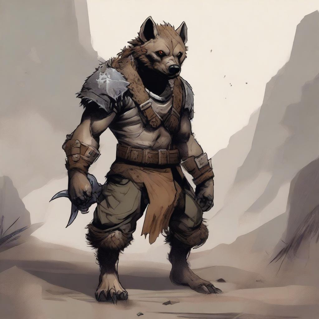 A gnoll hyena fighter standing in a rugged, desolate landscape