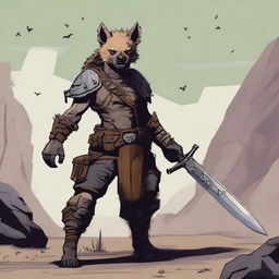 A female gnoll hyena fighter standing in a rugged, desolate landscape