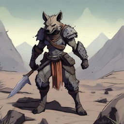 A female gnoll hyena fighter standing in a rugged, desolate landscape