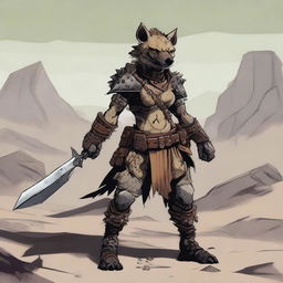 A female gnoll hyena fighter standing in a rugged, desolate landscape