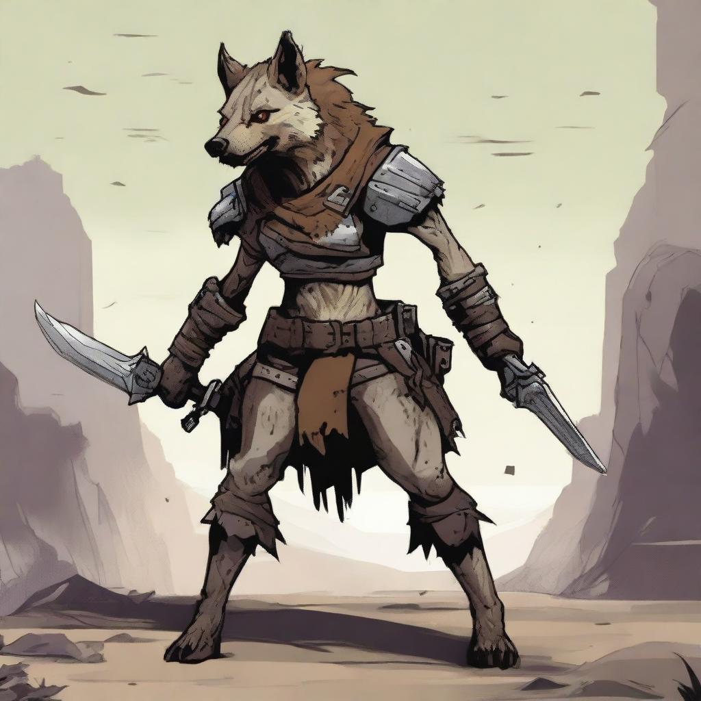 A female gnoll hyena fighter standing in a rugged, desolate landscape