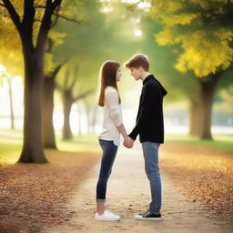 Create an image of a teenage boy and a teenage girl who are deeply in love