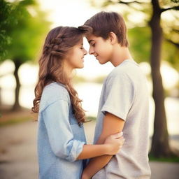 Create an image of a teenage boy and a teenage girl who are deeply in love