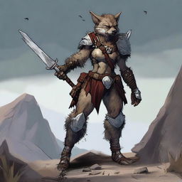 A female gnoll dog fighter standing in a rugged, desolate landscape