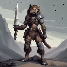 A female gnoll dog fighter standing in a rugged, desolate landscape