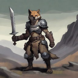 A female gnoll dog fighter standing in a rugged, desolate landscape