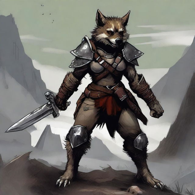 A female gnoll dog fighter standing in a rugged, desolate landscape