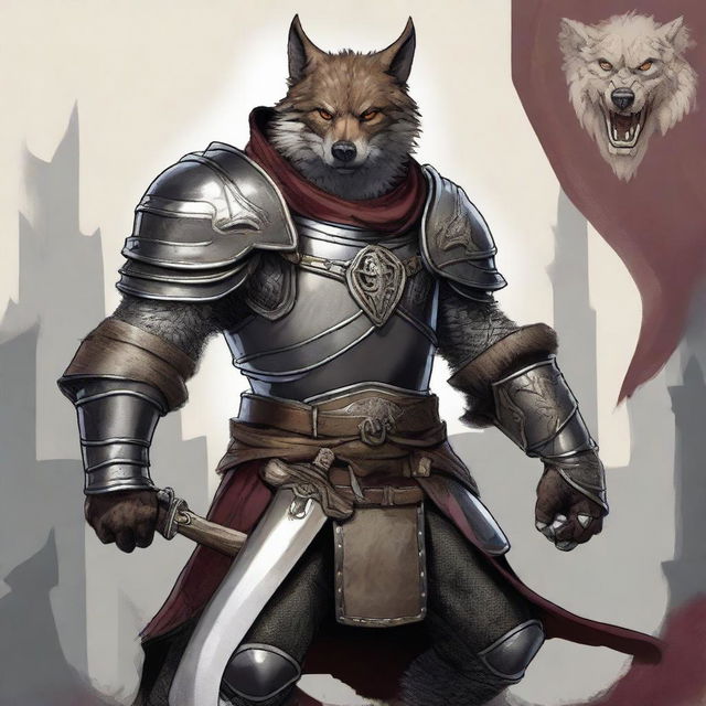 A gnoll wolf knight in full armor, standing in a heroic pose with a large sword