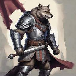 A gnoll wolf knight in full armor, standing in a heroic pose with a large sword