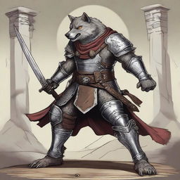 A gnoll wolf knight in full armor, standing in a heroic pose with a large sword