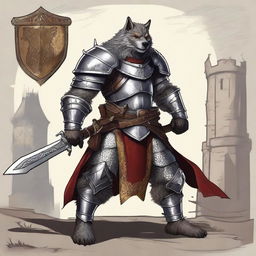 A gnoll wolf knight in full armor, standing in a heroic pose with a large sword