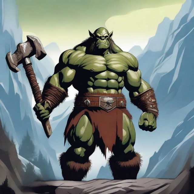 A powerful orc muscle barbarian standing in a dynamic pose