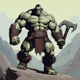 A middle-aged orc muscle barbarian standing in a powerful pose