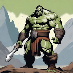 A middle-aged orc muscle barbarian standing in a powerful pose