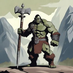 A middle-aged orc barbarian standing in a powerful pose