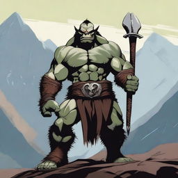 A middle-aged orc barbarian standing in a powerful pose