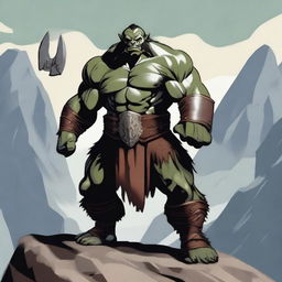 A middle-aged orc barbarian standing in a powerful pose